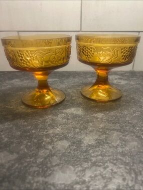 Vintage Indiana Glass Amber Grapevine Pattern Glass Dessert Compotes - Pair